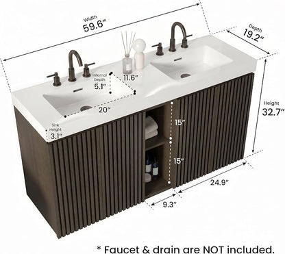 60" Double Bathroom Vanity with Sink (8" Widespread Faucet Holes Predrilled), Mid Century Modern Bathroom Cabinet with 4 Doors & Shelves, White Integrated Sink with Overflow, Dark Oak