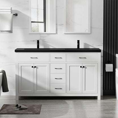 LUCKWIND 60" Bathroom Vanity and Black Sink Combo, Painted Modern Bathroom Storage Cabinet with Double Large Black Sink, Four Doors and Three Drawers, Include Faucet, Without Mirror, White