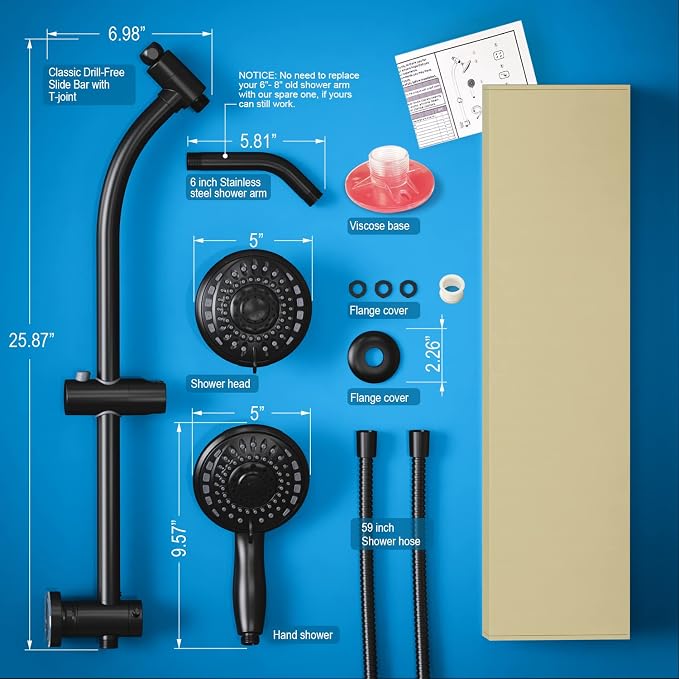 Handheld Showerhead & Rain Shower Combo for Easy Reach, 27.5" Drill-free Stainless Steel Slide Bar, 5”of 5-setting Handheld Shower and Showerhead, with 5ft Hose - Black