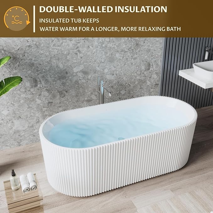 67" Freestanding Bathtub, Acrylic Soaking Tub with V Shape Pleated Design, Chrome Drain & Classic Slotted Overflow, CUPC Certified, Gloss White for Modern Bathroom