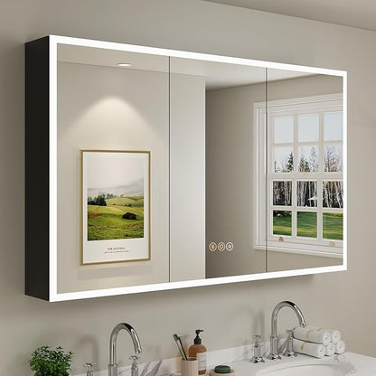 Buruis 60 x 32 Inch Medicine Cabinet with LED Lights and Mirror, Recessed/Wall Mounted Bathroom Cabinet, 3-Color Light, Defogger, Memory Function, Outlet & USB, Dimmer, Black