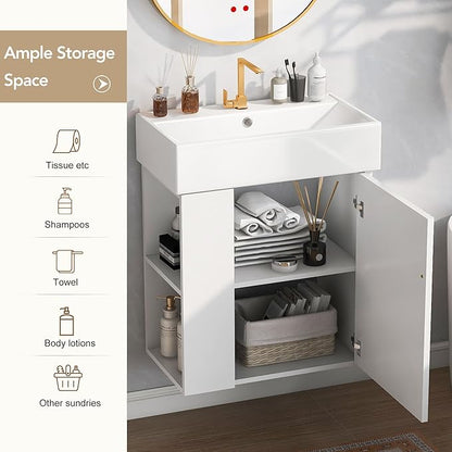 Merax 20" White Bathroom Vanity, Wall Mounted Floating Vanity with Doors & Open Shelf, Bathroom Storage Cabinet with White Ceramic Integrated Sink