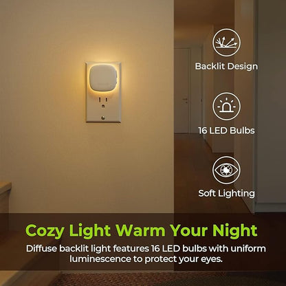 AUVON Plug-in LED Backlit Night Light 4 Packs, Motion & Dusk to Dawn Sensor | 2200K Soft Warm White Nightlight with 1-50lm Dimmable Brightness for Bedroom, Bathroom, Hallway, Kitchen, Garage, Nursery