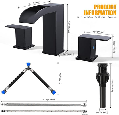 Black Bathroom Sink Faucet 3 Hole - Waterfall Bathroom Faucet 8 Inch Widespread Matte Black Faucet Bathroom 2-Handles Modern Vanity Faucets with Overflow Pop Up Drain & Supply Lines