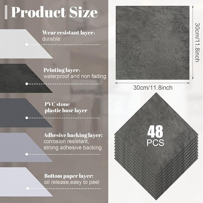 Spiareal 48 Pieces Peel and Stick Floor Tiles Vinyl Flooring 12 x 12 Inch Stick on Floor Tile Self Adhesive Waterproof DIY for Bathroom Kitchen Bedroom Living Room(Gray Grain)
