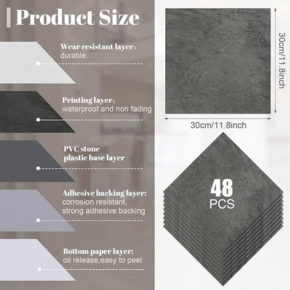 Spiareal 48 Pieces Peel and Stick Floor Tiles Vinyl Flooring 12 x 12 Inch Stick on Floor Tile Self Adhesive Waterproof DIY for Bathroom Kitchen Bedroom Living Room(Gray Grain)