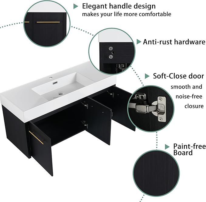 48 Inch Floating Bathroom Vanity,48" Bathroom Vanity with Sink,Modern Single Sink Vanity Combo,Black Wall Mounted Cabinet Set
