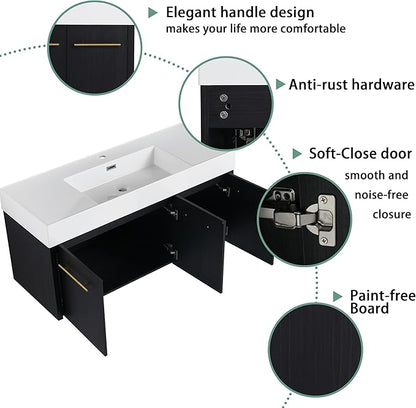 48 Inch Floating Bathroom Vanity,48" Bathroom Vanity with Sink,Modern Single Sink Vanity Combo,Black Wall Mounted Cabinet Set