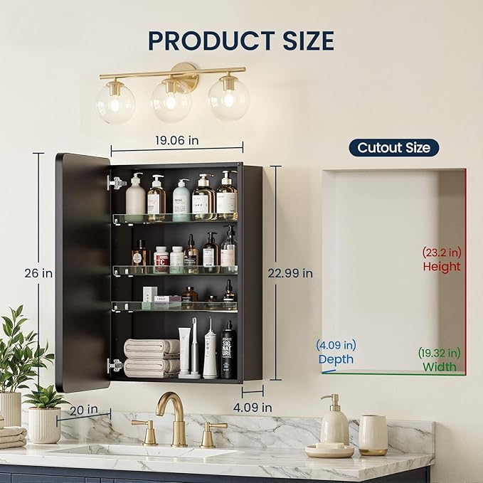 Medicine Cabinet 20x26 Inch, Aluminum Bathroom Mirror Cabinet with Storage, Recessed or Surface Mount, Black Vanity Storage Unit with 3 Anti-Tip Adjustable Acrylic Shelves, Soft Close Hinge