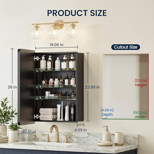 Medicine Cabinet 20x26 Inch, Aluminum Bathroom Mirror Cabinet with Storage, Recessed or Surface Mount, Black Vanity Storage Unit with 3 Anti-Tip Adjustable Acrylic Shelves, Soft Close Hinge
