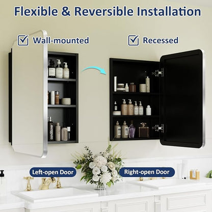 Medicine Cabinet Mirror 20x28 Inch, Brushed Nickel Bathroom Mirror Cabinet with Stepless Adjustable Shelves, Stainless Steel Frame, Bathroom Mirror with Storage Recessed or Wall Mount