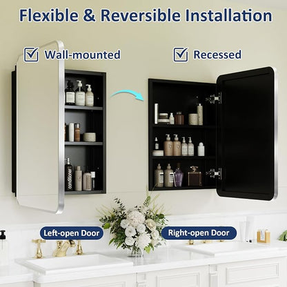 Medicine Cabinet Mirror 16x24 Inch, Brushed Nickel Bathroom Mirror Cabinet with Stepless Adjustable Shelves, Stainless Steel Frame, Bathroom Mirror with Storage Recessed or Wall Mount