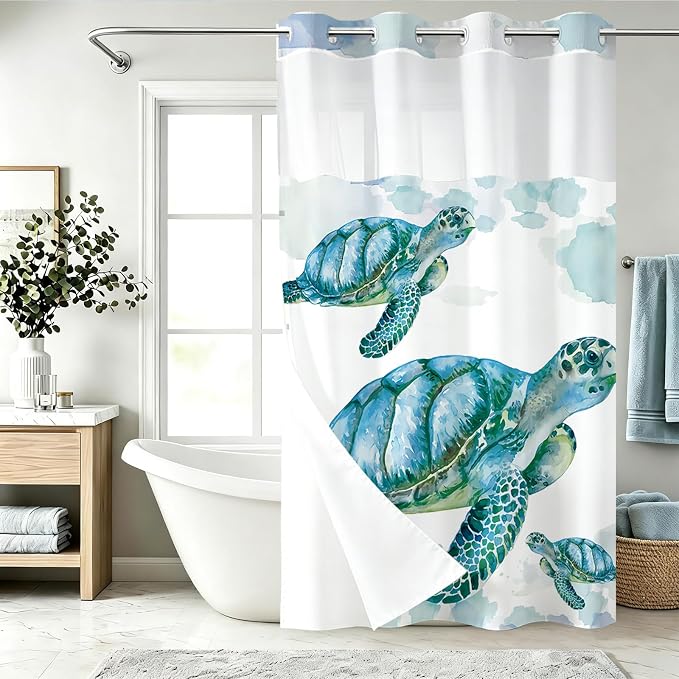 Beach Nautical Sea Turtle Theme No Hook Waffle Weave Shower Curtain with Snap in Liner Nautical Beach Bathroom Blue Ocean Decor Set 60 W x 74 H Inch Teal