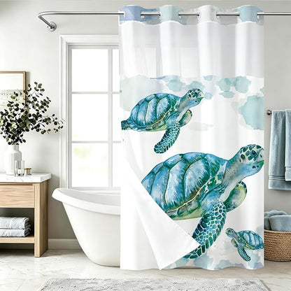 Beach Nautical Sea Turtle Theme No Hook Waffle Weave Shower Curtain with Snap in Liner Nautical Beach Bathroom Blue Ocean Decor Set 60 W x 74 H Inch Teal