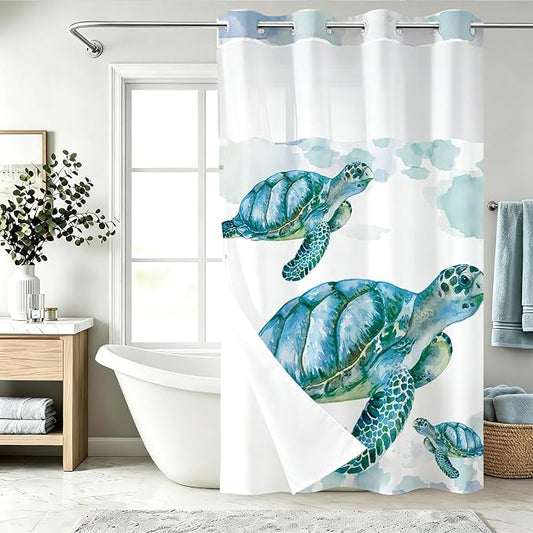 Beach Nautical Sea Turtle Theme No Hook Waffle Weave Shower Curtain with Snap in Liner Nautical Beach Bathroom Blue Ocean Decor Set 60 W x 74 H Inch Teal