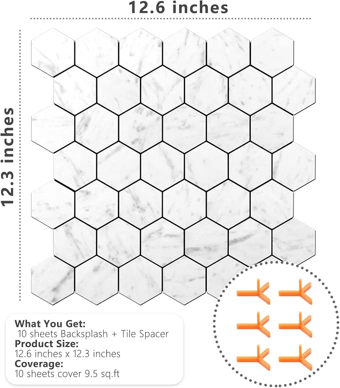 STICKGOO Peel and Stick Backsplash for Kitchen, Self-Adhesive Tile Hexagon Mosaic Tiles (10 Sheets, Carrara White Marble Look)