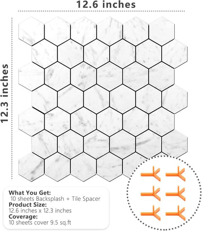 STICKGOO Peel and Stick Backsplash for Kitchen, Self-Adhesive Tile Hexagon Mosaic Tiles (10 Sheets, Carrara White Marble Look)