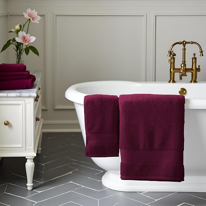 COZYART Bath Towel Set 6 PCS, Burgundy Luxury 100% Turkish Cotton 650GSM | Soft Absorbent Quick Dry, OEKO‑Tex 100 Cert. Zero Twist Ring Spun Cotton, Plush Fluffy, Breathable Hotel Quality Towels Set