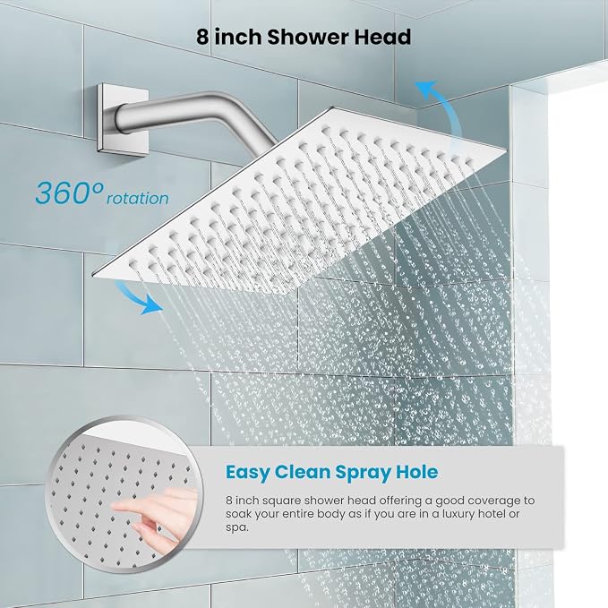 gotonovo Tub Shower Faucet Set with Valve Kit 8’’ Head,Polished Chrome | Shower System with Tub Spout,SUS304 Rain Head with Handheld Sprayer,Swivel Spout,All Metal,Rough-In Valve Trim Kit,Wall Mount