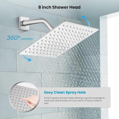 gotonovo Tub Shower Faucet Set with Valve Kit 8’’ Head,Polished Chrome | Shower System with Tub Spout,SUS304 Rain Head with Handheld Sprayer,Swivel Spout,All Metal,Rough-In Valve Trim Kit,Wall Mount
