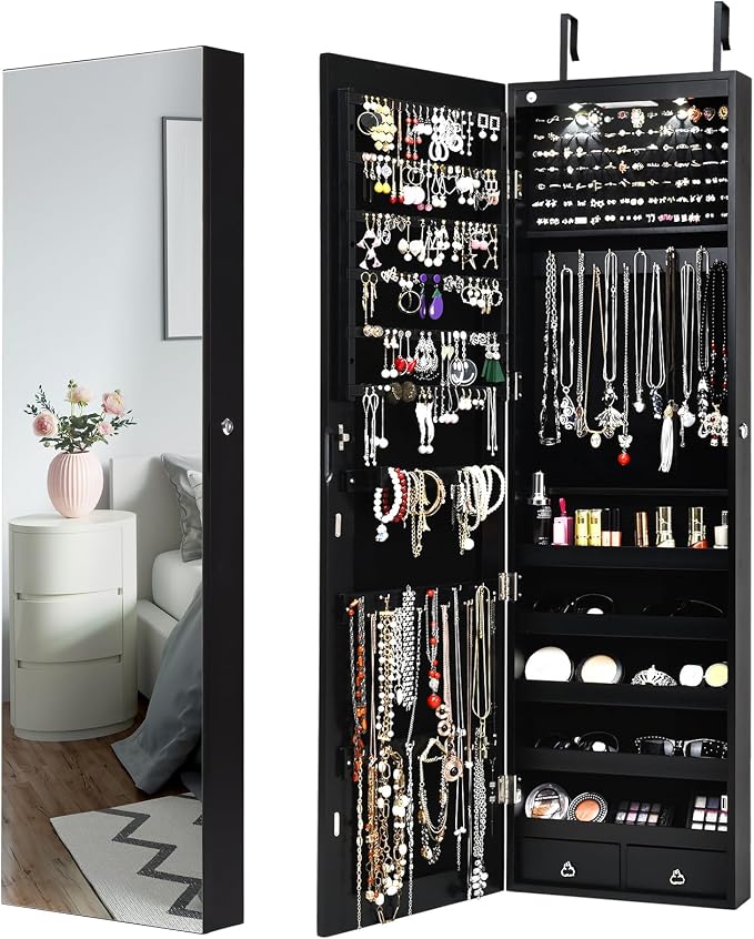 LDAILY Jewelry Armoire Wall or Door Mounted, Full-Length Mirror with Storage, Lockable Mirror Jewelry Cabinet w/ 2 Drawers, LED Lights, Over the Door Jewelry Organizer Box for Women Girls