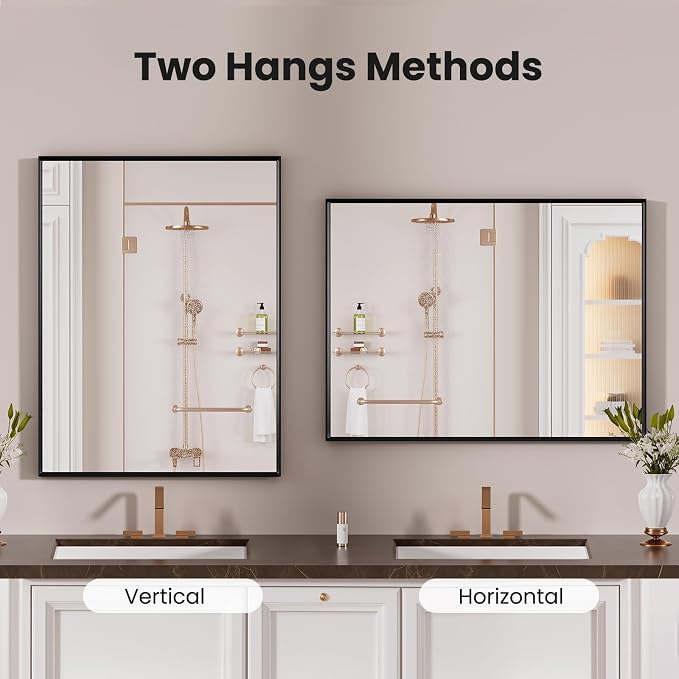 LOAAO Black Bathroom Mirror 24"X30" Rectangle Vanity Mirror | Tempered Glass, Hangs Vertically or Horizontally, Easy to Install, Wall Mounted, Modern Design