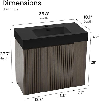 36" Bathroom Vanity with Sink Combo, Mid Century Modern Bathroom Cabinet with Doors & Open Shelf, Matte Black Integrated Sink with Overflow, Dark Grey Oak