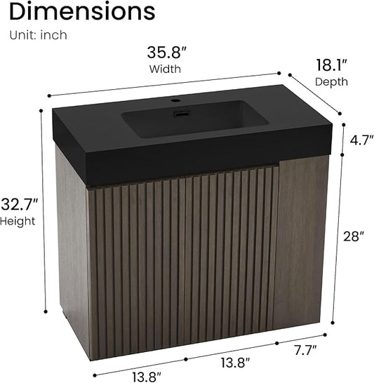 36" Bathroom Vanity with Sink Combo, Mid Century Modern Bathroom Cabinet with Doors & Open Shelf, Matte Black Integrated Sink with Overflow, Dark Grey Oak