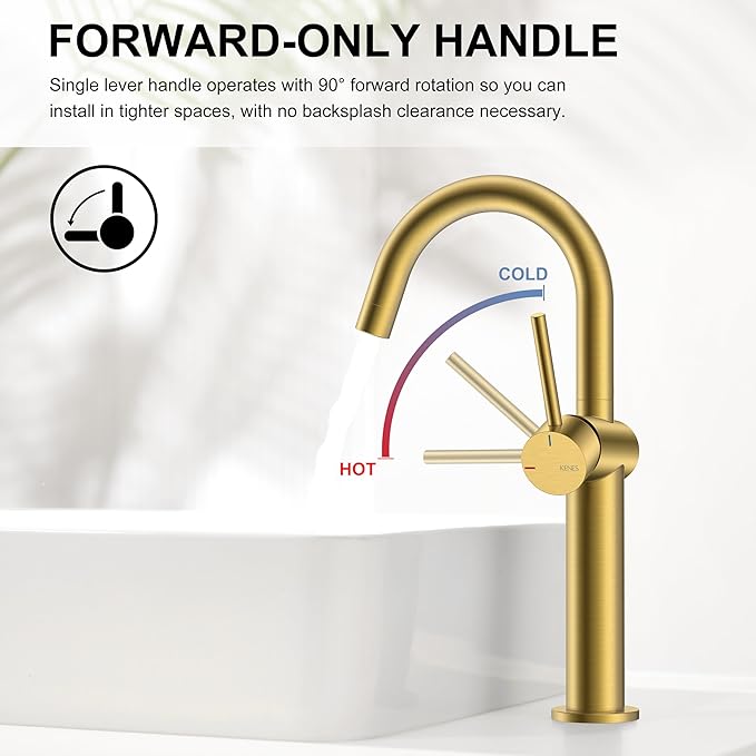 KENES Brushed Gold Tall Bathroom Faucet, Single Handle Vessel Sink Faucet Single Hole, Modern Bathroom Vanity Faucet with Pop Up Drain and Supply Lines, KE-9005C-4
