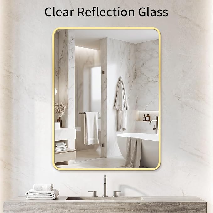 Bathroom Mirror for Wall, 30"x36" Black Bathroom Mirror for Over Sink, Shatterproof Tempered Glass Vanity Mirror with Anti-Rust Aluminum Alloy Frame, Hang Horizontally or Vertically, Gold
