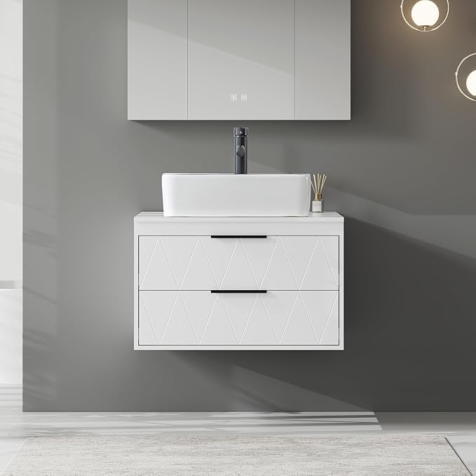 eclife 30" Floating Bathroom Vanities with Sink Combo, Wall Mounted Modern Cabinet W/Diamond Line Pattern Design, White Black Ceramic Vessel Sink W/Water Save Faucet & Pop Up Drain, White