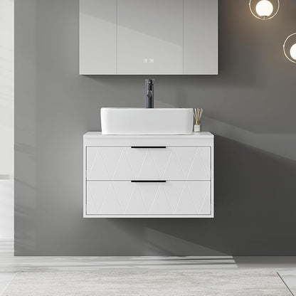 eclife 30" Floating Bathroom Vanities with Sink Combo, Wall Mounted Modern Cabinet W/Diamond Line Pattern Design, White Black Ceramic Vessel Sink W/Water Save Faucet & Pop Up Drain, White