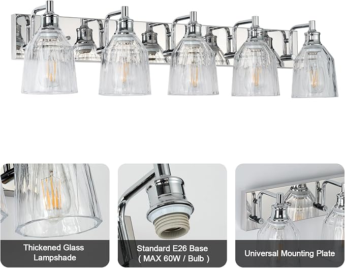 5 Light Bathroom Light Fixtures Modern Chrome Vanity Lights for Bathroom Lighting Fixtures Over Mirror with Thickened Glass Shade for Cabinet Mirror Bedroom Hallway
