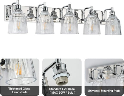 5 Light Bathroom Light Fixtures Modern Chrome Vanity Lights for Bathroom Lighting Fixtures Over Mirror with Thickened Glass Shade for Cabinet Mirror Bedroom Hallway