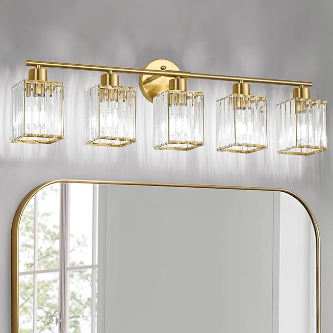 5 Light Bathroom Light Fixtures, Modern Crystal Vanity Lights over Mirror | Metal Frame, Bathroom Light with Square Crystal Shade, ETL Certified, E26 Ceramic Socket, Bulbs Not Included