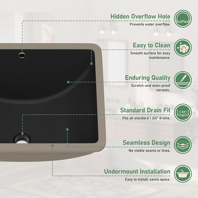 18x14 Inch Black Rectangle Undermount Bathroom Sink | Interior Bowl Size 16"W x 12"D, Ceramic, Curved Bottom, Easy to Clean, with Overflow, Ideal for Bathroom, Lavatory, Vanity