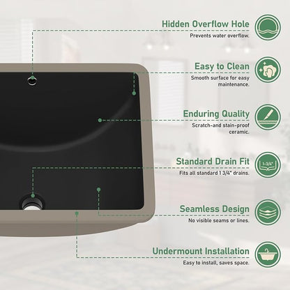 18x14 Inch Black Rectangle Undermount Bathroom Sink | Interior Bowl Size 16"W x 12"D, Ceramic, Curved Bottom, Easy to Clean, with Overflow, Ideal for Bathroom, Lavatory, Vanity
