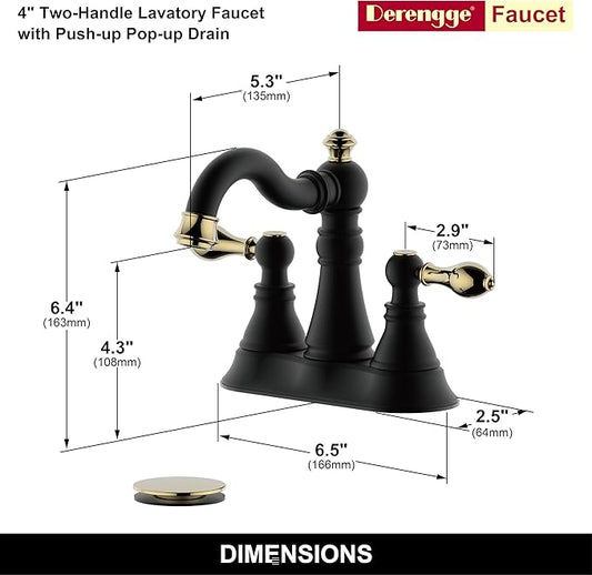 Two Handle Bathroom Faucet,Matte Black with Polished Brass Trim Bathroom Sink Faucet 3 Hole with Overflow Pop up Drain,4 Inch Centerset with 360° Swivel Spout,F-0048-MG