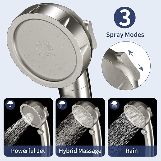 HANLIAN On/Off High Pressure Handheld Shower Head for RV Camper | 3 Spray Modes Shower Head with Pause Button, Water Saving Shower Head with Hose and Self-adhesive Holder(Brushed Nickel)