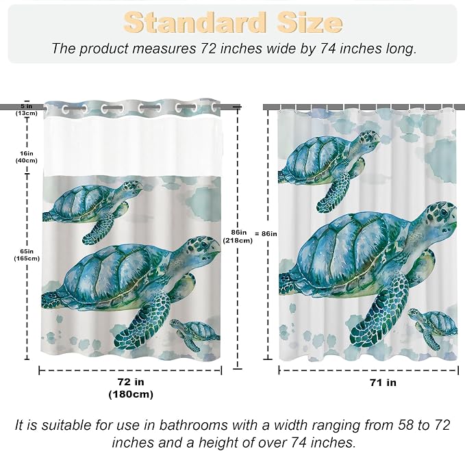 Beach Nautical Sea Turtle Theme No Hook Waffle Weave Shower Curtain with Snap in Liner Nautical Beach Bathroom Blue Ocean Decor Set 72 W x 86 H Inch Teal