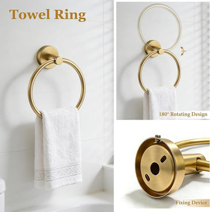 5-Pieces Wall Mount Bathroom Hardware Set,22in Brushed Gold Towel Bar Set | Stainless Steel Waterproof Bathroom Accessories Set, Toilet Paper Holder with Shelf,Towel Ring,Coat Hook,Round