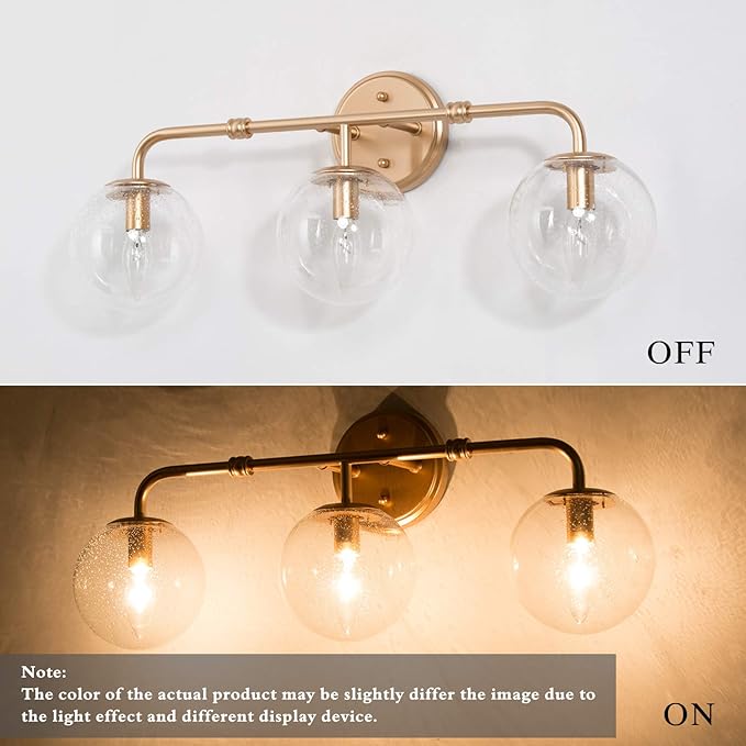 Bathroom Light Fixtures, 3-Light Gold Bathroom Vanity Light with Seeded Glass Shade, Bathroom Lighting Fixtures Over Mirror, L24.5'' x W7.5'' x H10''