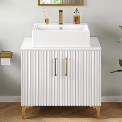YITAHOME 30 Inch Bathroom Vanity with Vacuum Forming, Freestanding Storage Cabinet Vanity with Counter Top Sink Combo, 2 Large Soft Closing Doors with Shelf, Gold Handles & Legs, White