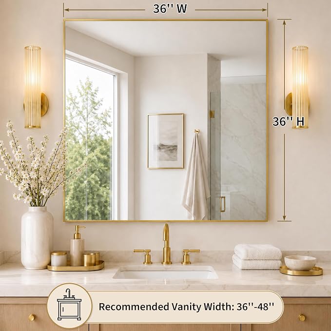 36"x36" Brushed Gold Framed Square Bathroom Vanity Wall Mirror | Accent Wall Mirror, Square Geometric Look, Slim Metal Frame, Living Room or Entryway, Keyhole Mount, Tempered Glass