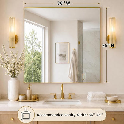 36"x36" Brushed Gold Framed Square Bathroom Vanity Wall Mirror | Accent Wall Mirror, Square Geometric Look, Slim Metal Frame, Living Room or Entryway, Keyhole Mount, Tempered Glass