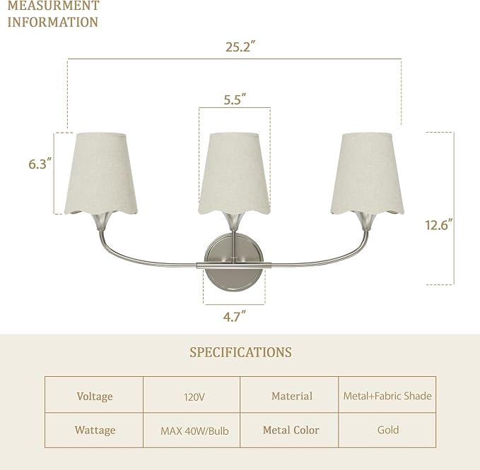 Morauroral Bathroom Light Fixtures Over Mirror, 3 Light Vanity Light for Bathroom, Brushed Nickel Vanity Light Fixtures with Fabric Linen Shade, E26 Socket Sconce Wall Decor(ETL Listed)