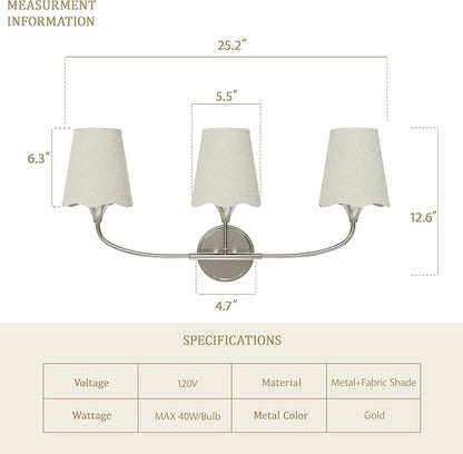 Morauroral Bathroom Light Fixtures Over Mirror, 3 Light Vanity Light for Bathroom, Brushed Nickel Vanity Light Fixtures with Fabric Linen Shade, E26 Socket Sconce Wall Decor(ETL Listed)