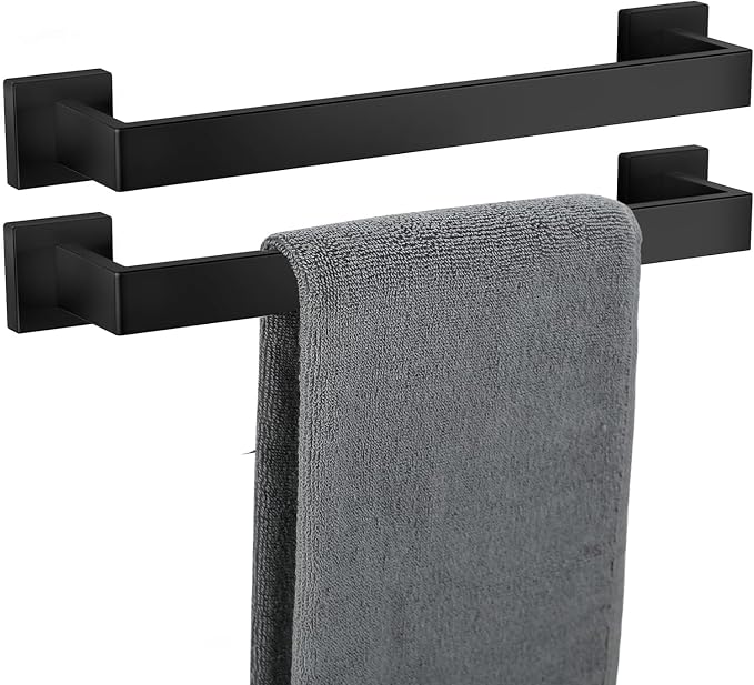 Towel Bar 2 Pack for Bathroom 16 Inch Matte Black Towel Holder 12/16/20/24/28/32/36 Inch Stainless Steel SUS304 Rustproof Towel Rack Modern Square Towel Rod for Bathroom Wall (2, Matte Black, 16 Inch)