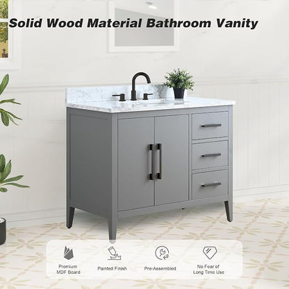 42 Inch Bathroom Vanity with Sink & Ceramic Top, Single Vanity Cabinet with Basin, Soft-Closing Doors & Matte Black Hardware, Grey