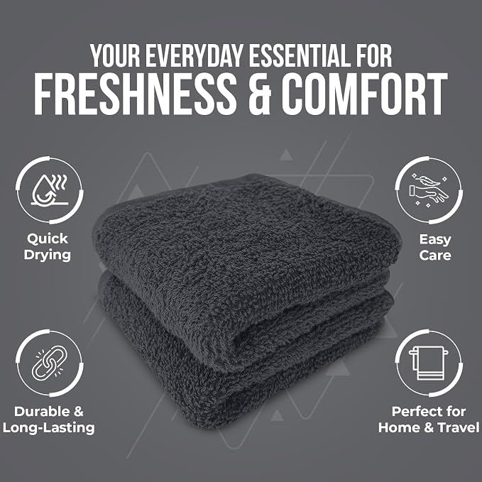DAN RIVER 24 Pack Cotton Wash Cloths Set for Showering [12x12] Charcoal | Lighter Weight, Quick to Dry, Super Soft & Absorbent Face Towels, Hotel Quality, Perfect for Bathroom, Gym, Spa